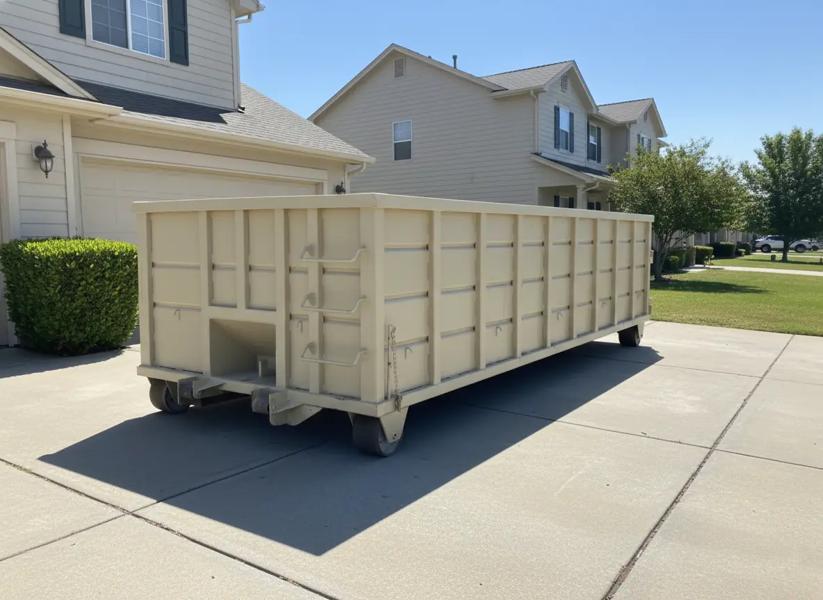 Operation Dumpster desert tan roll-off container for residential projects in North East Florida